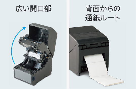 広い開口部 背面から通紙ルート